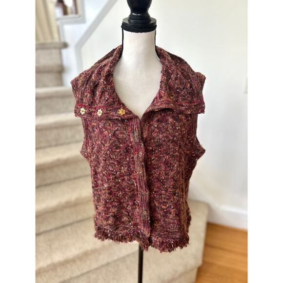 St. John Red & Orange Knit Fringe Trim Wool & Alpaca Vest - Picture 2 of 9